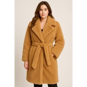 7 For All Mankind Teddy Faux Shearling Coat Camel Belted Long Jacket NWT